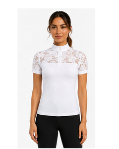 Custom OEM Women Lace Patchwork <b>Equestrian</b> Show Shirt White Short Sleeve Stand Collar Horse Riding Polo Competition Tops - Product Image 1