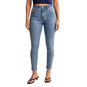 Jean en denim décontracté taille haute pour femme, coupe crayon, séchage rapide, respirant, délavage clair, 100 % coton, couleur personnalisable - Product Image 1
