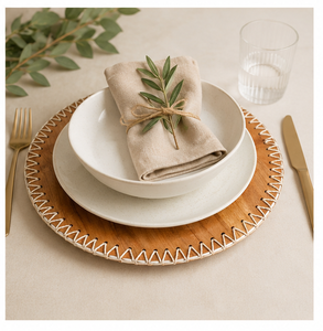 Elegant Round Wooden Charger <b>Plate</b> with Rustic Stitched Edge Wood Under <b>Plate</b> for Farmhouse Wedding and Luxury Home Dining <b>Decor</b> - Product Image 2