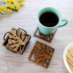 Dark Wooden <b>Coaster</b> <b>Set</b> with Holder | Minimalist Design | Handcrafted Home & Kitchen Decor - Product Image 3