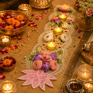 Pink Lotus Diya Table Runner Handmade Pearl Candle Holder Wedding <b>Mandir</b> Pooja Festival Home Decor Centerpiece - Product Image 2