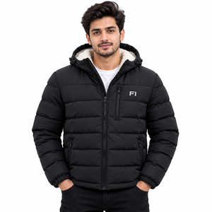Blouson matelassé à capuche pour homme avec doublure en fausse fourrure, logo personnalisé, fermeture éclair, style décontracté, hiver, streetwear, B2B USA - Product Image 1