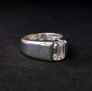 925 Sterling <b>Silver</b> Luxury Certified <b>Mens</b> Moissanite Bezel Setting Wedding Engagement <b>Ring</b> 6x8 MM Emerald Cut April Birthstone - Product Image 4