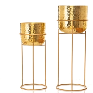 Modern metal Hammered Gold Planters with Metal <b>Stands</b> for Indoor Green <b>Plants</b> Circular Design Glam Style Decorative Flower Pots - Product Image 3