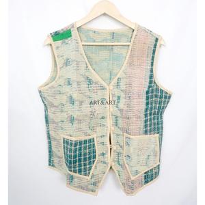 New Arrival Indian Handmade Knitted Cotton Patchwork Multicolor <b>Kantha</b> Vintage Short Breathable Eco-Friendly Button Women's Vest - Product Image 5