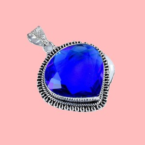 Pendentif en saphir bleu en forme de cœur, argent sterling 925, pendentif artisanal en pierres précieuses, bijoux vintage, cadeau d'anniversaire pour femmes - Product Image 3