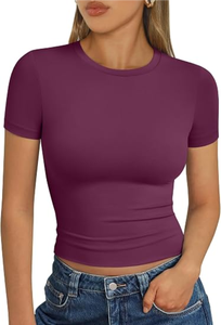 <b>Purple</b> Short Sleeve Crop Top O-Neck Knitted Slim Fit Casual Solid Color Women's Streetwear <b>T</b>-<b>Shirt</b> BY SHAHI IMPEX - Product Image 4