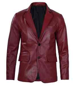 Chaqueta Blazer de Mujer, Estilo Motero, en Cuero Vacuno Genuino Color Borgoña, Cierre de Cremallera Corta, Cuello Alto, Cierre de un Solo Botón - Product Image 1