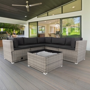 NUEVO Juego de Muebles de Jardín Modulares de Mimbre Moderno IPRO para Patio Exterior, Conjunto de Esquina para 5 Personas, Resistente a la Intemperie, Impermeable y Lavable - Product Image 1
