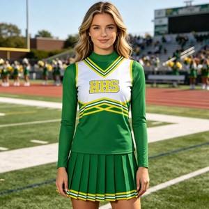 Green <b>White</b> Long Sleeve Cheerleading Uniform <b>Top</b> with Pleated <b>Skirt</b> Letter Print Two Piece <b>Set</b> - Product Image 1
