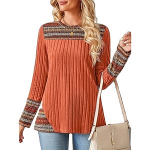 T-shirt décontracté à manches longues à col rond imprimé pour femmes Tissu tricoté confortable - Product Image 3