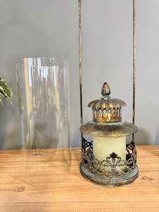 Farol de vela estilo moderno, alto, ornamental, de hierro y vidrio, hecho a mano, con acabado negro antiguo, decorativo para colgar o de sobremesa. - Product Image 3
