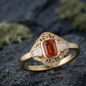 Gold Plated 925 <b>Silver</b> Quartz Gemstone <b>Ring</b> <b>Emerald</b> Cut Prong Setting IGI Certified Vintage Inspired Fine Jewelry Gift - Product Image 1