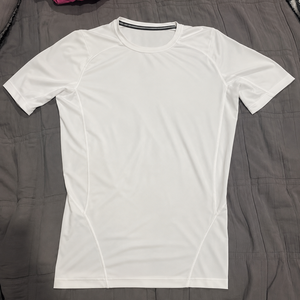 T-shirt de compression blanc à manches courtes pour homme, coupe classique, séchage rapide, col rond, en polyester tricoté, respirant, sportif - Product Image 3
