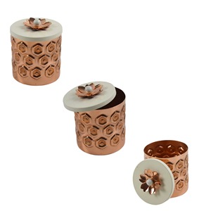 Recipiente Decorativo para Hierbas y Especias de Metal Duradero con Tapa de Ágata y Perilla de Flor, Modelo Copper Salt Pig - Product Image 3