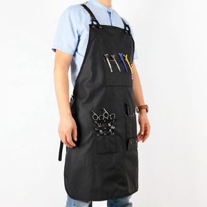 CHANGRONG Custom <b>Black</b> Leather Waterproof Cotton Canvas Beauty Salon Bib <b>Apron</b> Sleeveless Style with Pockets - Product Image 5