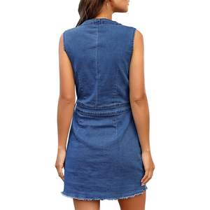 2025 robe en jean décontractée pour femmes col en v sans manches avec bouton ourlet effiloché fleurs bleues personnalisées taille XX-Large (convient à la taille 20 22) - Product Image 2