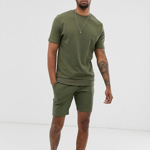 Ensemble t-shirt à manches courtes et short pour homme, vert olive, col rond, couleur unie, coton léger, vêtements d'été décontractés - Product Image 4