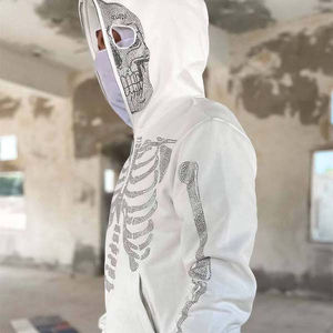 Sudadera con capucha de lujo con logotipo personalizado, diseño de esqueleto y pedrería, para hombre, blanca, con cremallera completa, máscara de esquí, tejido French Terry de alto gramaje - Product Image 1
