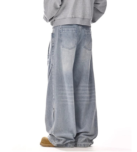 Jean en denim délavé coupe large pour homme, pantalon ample droit style baggy, streetwear hip-hop, taille haute, décontracté - Product Image 3