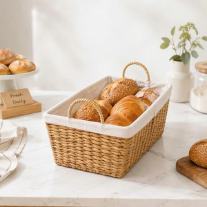 Rectangular <b>Water</b> <b>Hyacinth</b> <b>Storage</b> <b>Basket</b> Woven Serving Hamper with Liner Braided Handles for Bakery Cafe Home - Product Image 6