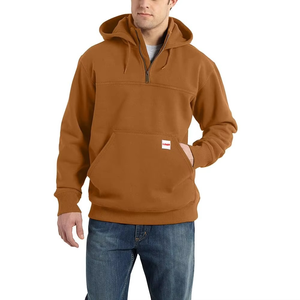 Sweat-shirt en molleton à capuche mi-zippé marron pour homme, coupe classique, couleur unie, poche avant avec logo, style automne - Product Image 1