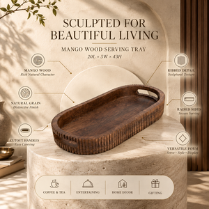 Plateau de service artisanal en bois |   Assiettes modernes à rebords surélevés, bords côtelés, poignées découpées, multifonctionnelles pour mariage, dîner, café - Product Image 5