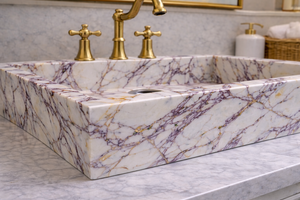 Lavabo Rectangular de Lujo de Mármol Natural Calacatta con Vetas Moradas y Doradas para Encimera de Baño - Product Image 3