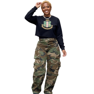 <b>Black</b> <b>Crop</b> Shield Sweatshirt for Women Embroidered Crest Crewneck <b>Long</b> <b>Sleeve</b> Cropped Pullover Sorority Casual Fashion - Product Image 1