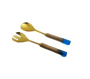 Design luxueux ensemble de serveurs à salade en acier inoxydable 18/18 outils de cuisine multifonctionnels avec poignée en bois et en résine outils de service - Product Image 1