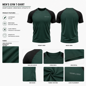 <b>Men's</b> Green <b>Black</b> Raglan Sleeve Performance T-<b>Shirt</b> Quick Dry <b>Slim</b> <b>Fit</b> O-Neck Sporty Design Front Logo Printing - Product Image 2