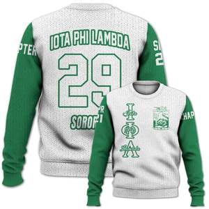 Chaqueta Universitaria Personalizada Iota Phi Lambda en Blanco y Verde Esmeralda, Suéter Tejido de la Hermandad Iota Phi Lambda - Product Image 4