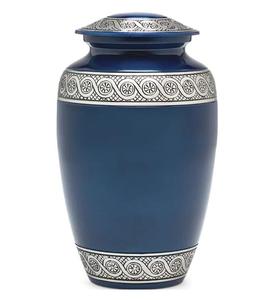 Blue Metal Cremation <b>Urn</b> with Silver Band Design Adult Memorial <b>Urn</b> for Ashes Funeral Keepsake for Home Remembrance - Product Image 1