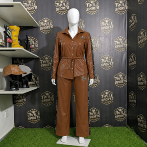 Twill Sports Women's Brown PU Leather Tracksuit Full Sleeve Button Up Collar Drawstring Waist Women's Leather Tracksuit Set - Product Image 2