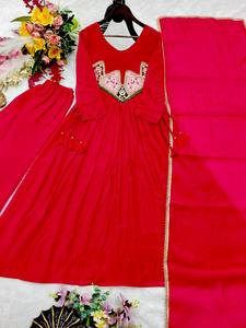 Conjunto de Kurta Tradicional de Algodón para Mujer, Bordado, Largo hasta el Suelo, Corte Holgado, Estilo India Pakistán, Rojo - Product Image 4