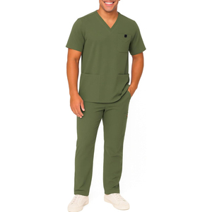 Conjunto de uniformes médicos para hombre, top negro con cuello en V y pantalones con bolsillos, uniforme de hospital, tela elástica de algodón y poliéster, detección de agujas - Product Image 1