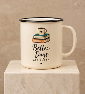 Custom Camp Mug Inspirational Reading Design Bookworm Quote Off White Enamelware <b>Black</b> <b>Edge</b> Bulk B2B Manufacturer Sourcing Hub - Product Image 1