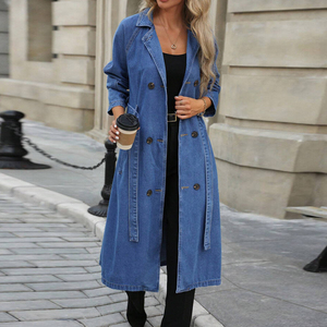 Gabardina Larga de Mezclilla Azul para Mujer, Chaqueta Cruzada con Cuello de Solapa y Cinturón - Product Image 4