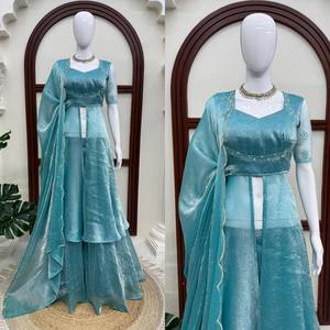 Vestido de Novia Tradicional Indio-Pakistaní de Seda Turquesa, Largo hasta el Suelo, Corte Holgado, Ropa Étnica para Mujer - Product Image 6