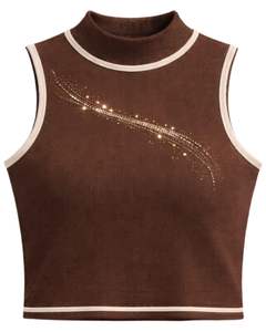 Débardeur côtelé marron personnalisé pour femme avec col montant et bande de strass, sans manches, été, fabrication sur mesure - Product Image 1