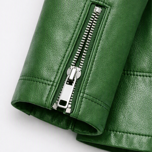 Chaqueta de Moto de Cuero PU Verde para Mujer, Manga Larga, Cierre de Cremallera, Cinturón, Cuello Abierto, Color Sólido, Ropa de Invierno - Product Image 6