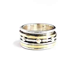 Handmade 925 Sterling <b>Silver</b> Two Tone <b>Spinner</b> <b>Ring</b> Geometric Dots Fidget Smooth Meditation Rotating Band For Unisex - Product Image 2
