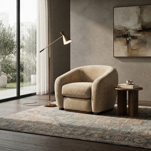 Fauteuil en cuir beige contemporain avec pieds en bois et dossier solide pour salon - Product Image 1