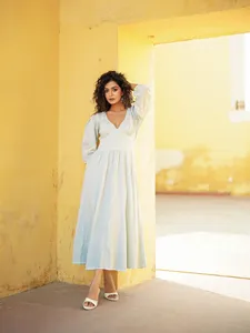 Vestido Midi Informal de Lino y Algodón Estilo Bohemio para Mujer, Cuello en V, Botones al Frente, Cómodo Vestido Maxi de Verano - Product Image 4