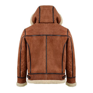 Veste en cuir marron pour homme avec capuche en fourrure, manteau d'hiver en peau de mouton véritable, doublure polaire chaude, veste décontractée de motard - Product Image 6