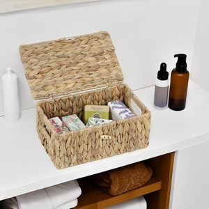 Wholesale Water Hyacinth <b>Storage</b> <b>Basket</b> with Lid <b>Rectangular</b> Wicker Organizer Box with Handles for Shelf Closet <b>Storage</b> OEM ODM - Product Image 3