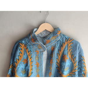 Hand Embroidered Quilted Stripe Floral Cotton Jacket V-neck Full Sleeve Covered <b>Button</b> Closure Spring Women's Outerwear Gift - Product Image 2