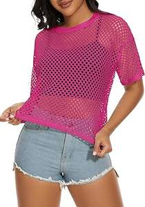 Women's Transparent Mesh Base Short Sleeve Pink Color Loose Crop T-Shirt Autumn Outerwear Cropped Casual Tank <b>Top</b> Mesh T Shirts - Product Image 2