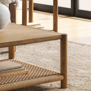 Minimalist Solid Wood Coffee <b>Table</b> With Woven <b>Shelf</b> Living Room Furniture - Product Image 3