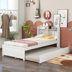 Letto singolo bianco con letto estraibile e libreria, prodotto imbottito - Product Image 4